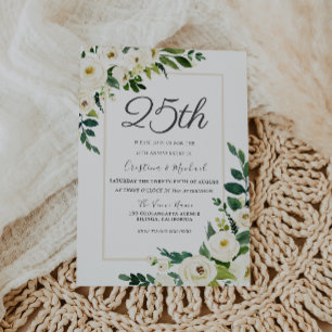 Invitation Élégantes Fleurs Blanches 25e Anniversaire de Mari