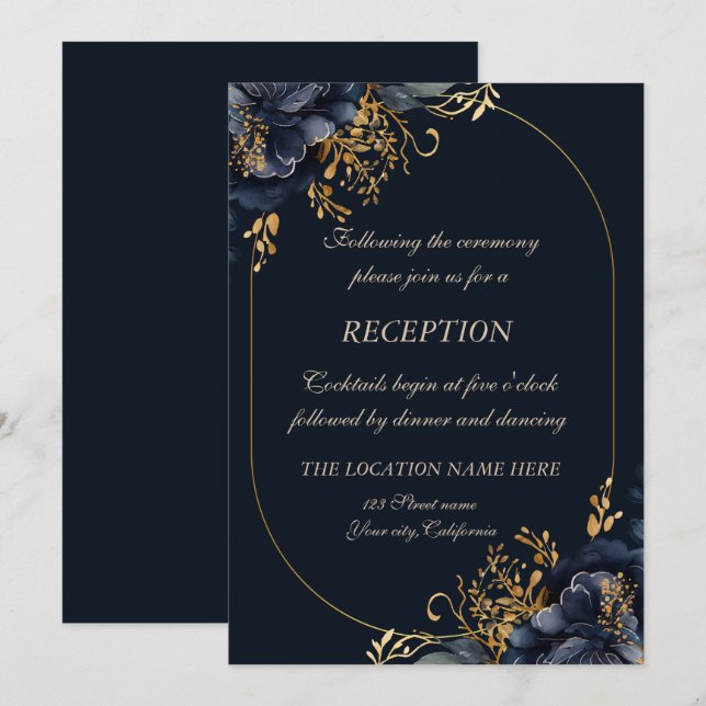 Invitation Élégantes Fleurs Bleu Marine Chic (Devant / Derrière)