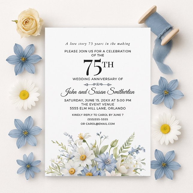Invitation Élégantes Fleurs Bleu Poussiéreux Blanc 75e Annive (Elegant dusty blue watercolor floral and white daisies 75th wedding anniversary invitation)
