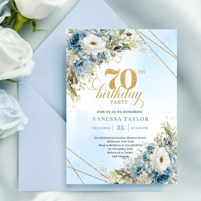 Invitation Élégantes fleurs bleues bohèmes dorées 70e anniver (Graceful bohemian blue flowers gold 70th birthday invite

)