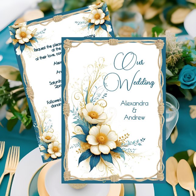Invitation Élégantes fleurs bleues cyan blanches de mariage (Créateur téléchargé)