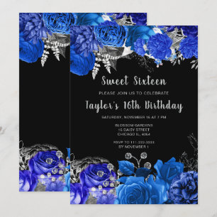 Invitation Élégantes fleurs bleues et argent pour un Sweet Si