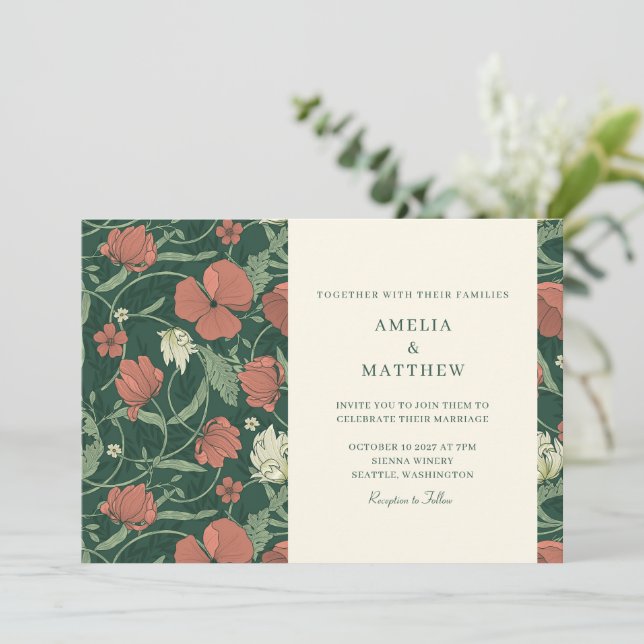 Invitation Élégantes Fleurs Botaniques Vertes Vintage Mariage (Debout devant)