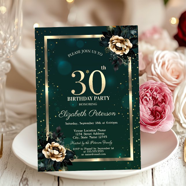 Invitation Élégantes Fleurs Cadre Doré Étoiles Vert 30ème (Créateur téléchargé)