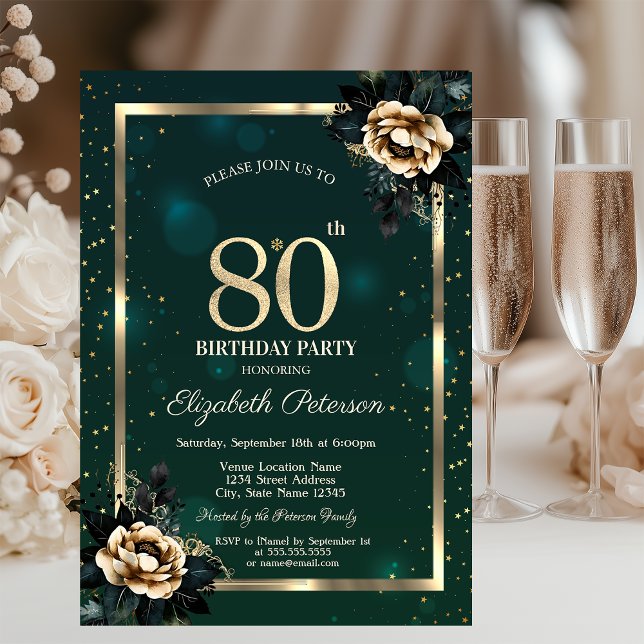 Invitation Élégantes Fleurs Cadre Doré Étoiles Vert 80ème (Créateur téléchargé)