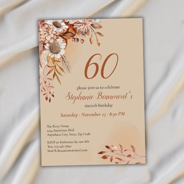 Invitation Élégantes Fleurs d'Automne Brun 60e Anniversaire (Créateur téléchargé)