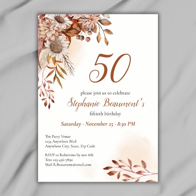 Invitation Élégantes Fleurs d'Automne Crème 50e Anniversaire (Créateur téléchargé)