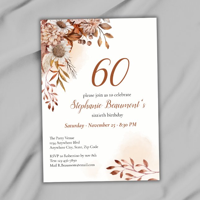 Invitation Élégantes Fleurs d'Automne Crème 60e Anniversaire (Créateur téléchargé)