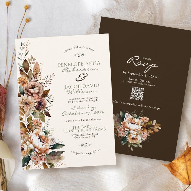 Invitation Élégantes Fleurs d'Automne de Couleur Brun Foncé M (Mocha brown sage green ivory rustic watercolor fall floral Autumn leaves QR code wedding invitation)