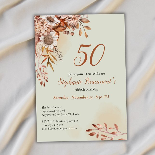 Invitation Élégantes Fleurs d'Automne Vertes 50e Anniversaire (Créateur téléchargé)