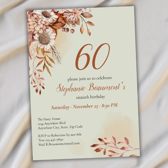 Invitation Élégantes Fleurs d'Automne Vertes 60e Anniversaire (Créateur téléchargé)