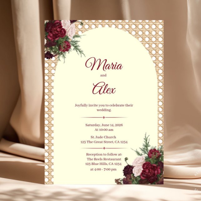 Invitation Élégantes Fleurs de Bourgogne et Bordure en Rotin  (Burgundy and Ivory Wedding Invitation)