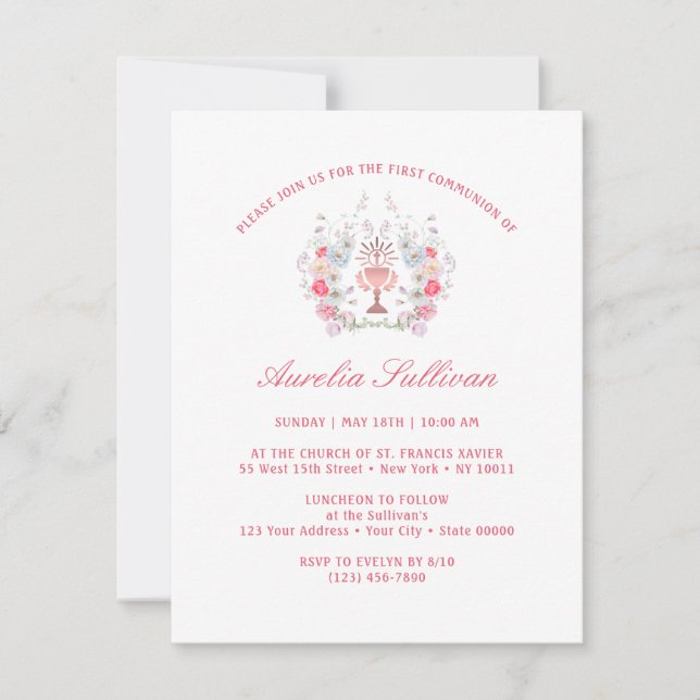 Invitation Élégantes fleurs de jardin Wreath Première communi (Devant)