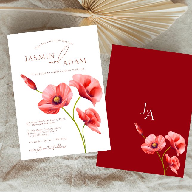 Invitation Élégantes fleurs de mariage coquelicots rouges cra (Crimson Red Poppies Floral Wedding Invitation)