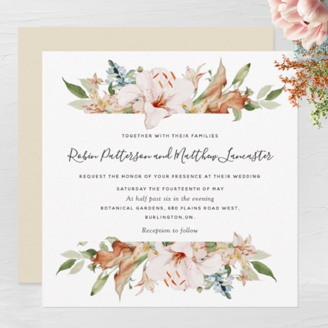 Invitation Élégantes fleurs de terre Beige blanc Mariage Carr (Créateur téléchargé)