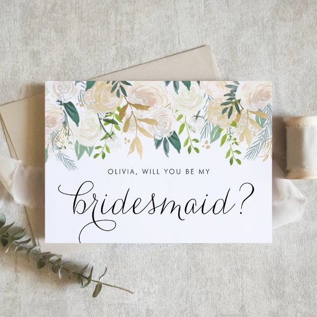Invitation Élégantes Fleurs D'Ivoire Serez-Vous Ma Femme D'Ac (Floral Bridesmaid Proposal Card with Soft Ivory Flowers and Faux Gold Foil and Glitter Accents)