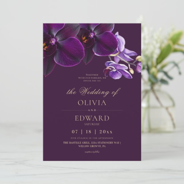 Invitation Élégantes fleurs d'orchidée de lilas violet pour m (Debout devant)
