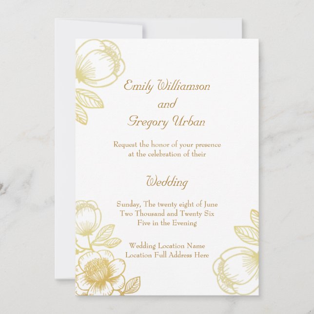 Invitation Élégantes Fleurs Dorées Mariage (Devant)