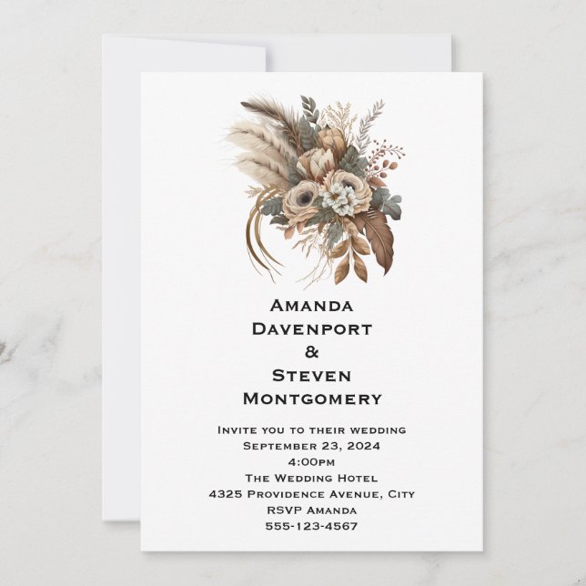 Invitation Élégantes Fleurs Feuillage et Plumes Mariage (Devant)