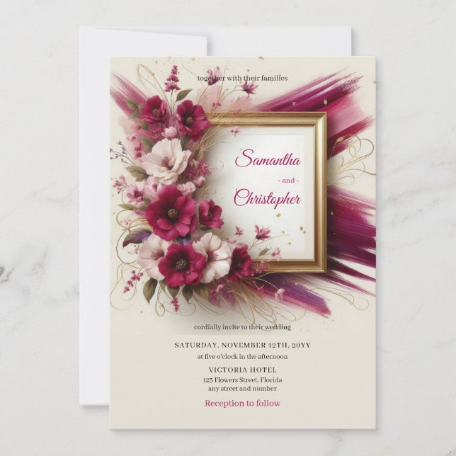 Invitation Élégantes fleurs magenta et mariage cadre or (Devant)