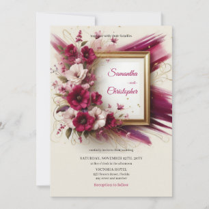 Invitation Élégantes fleurs magenta et mariage cadre or