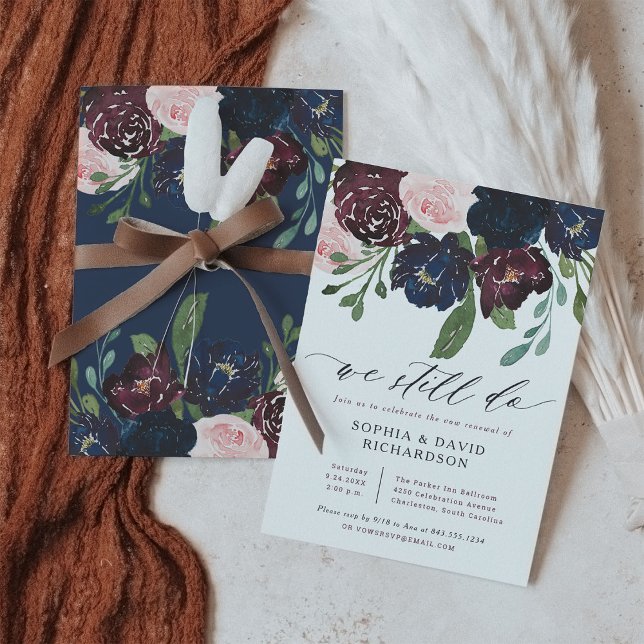 Invitation Élégantes Fleurs Marine et Prune | Renouvellement  (A lovely and elegant floral wedding vow renewal invitation, in navy blue and plum with modern script)