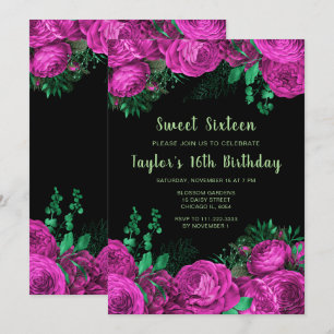 Invitation Élégantes fleurs rose chaud pour Sweet Sixteen
