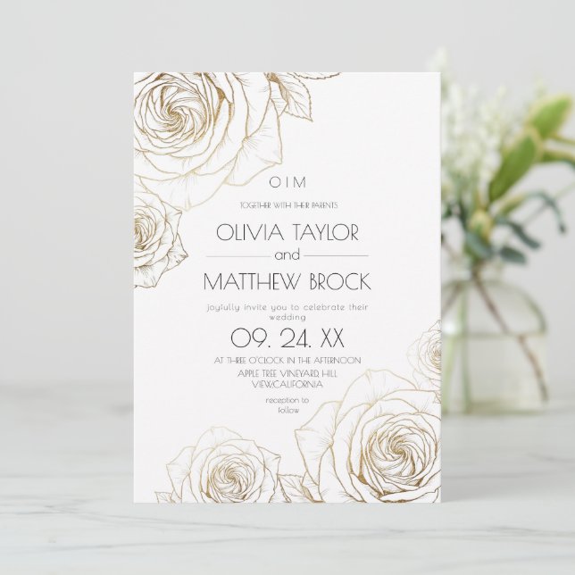 Invitation Élégantes Fleurs Rose Dorée Mariage  (Debout devant)