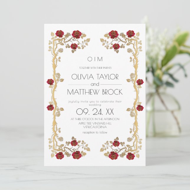 Invitation Élégantes Fleurs Rose Ornementale Mariage  (Debout devant)