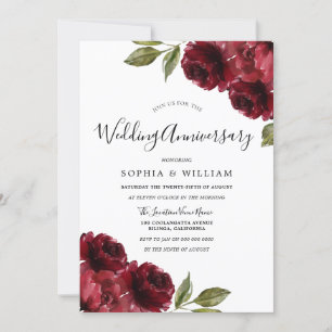 Invitation Élégantes Fleurs Rouges Bourgogne Mariage Annivers