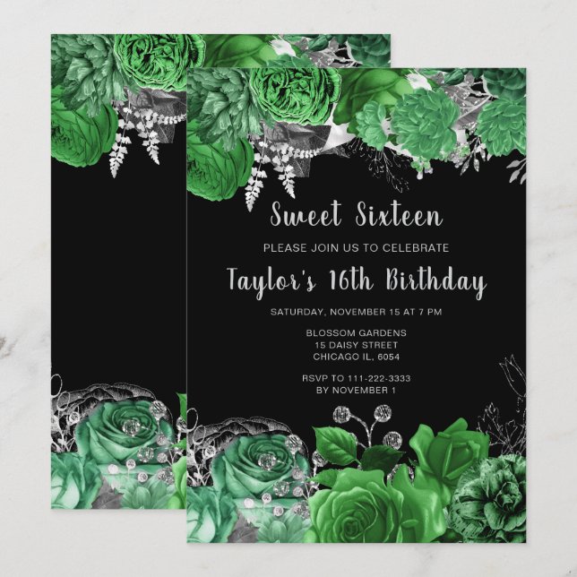 Invitation Élégantes fleurs vertes et argent pour un Sweet Si (Devant / Derrière)