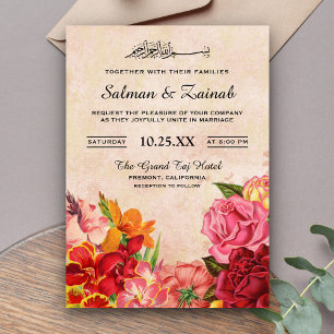 Invitation Elégantes fleurs Vintages Mariage musulman musulma
