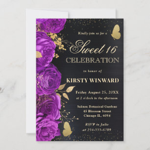 Invitation Élégantes Fleurs Violettes et Dorées Sweet Sixteen