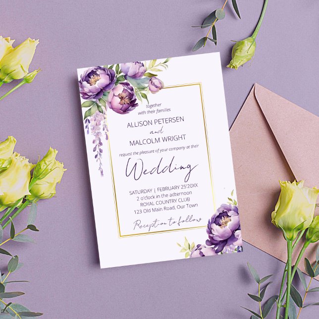 Invitation Élégantes fleurs violettes tout en un modèle maria (Elegant purple watercolor peonies wisteria wedding editable template invitation digital download)
