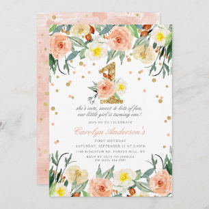 Invitation Élégantes Florales Filles 1er Anniversaire Invitat