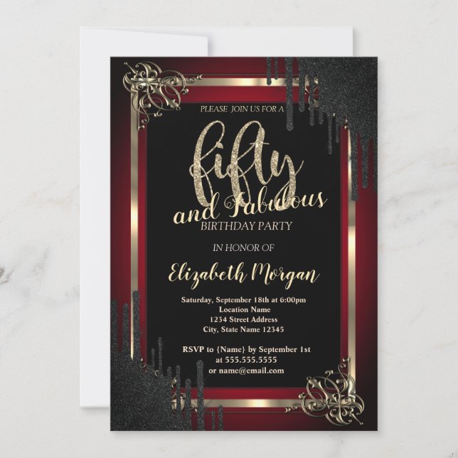 Invitation Elegantes Gouttes Noires Bordure Rouge Foncé 50e A (Devant)