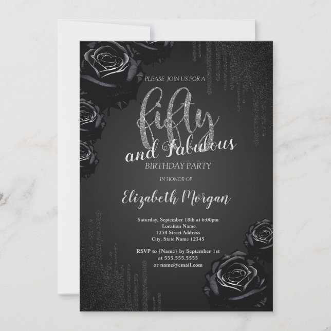 Invitation Élégantes gouttes noires Roses noires 50e annivers (Devant)