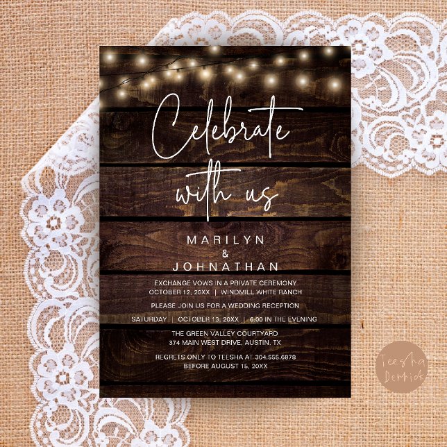 Invitation Élégantes Guirlandes Lumineuses Rustiques pour Réc (Rustic String Lights Wedding Reception Elegant Invitation Card in Dark Wood Theme)