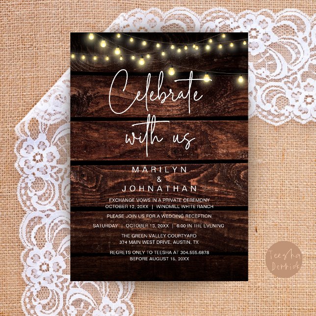 Invitation Élégantes Guirlandes Lumineuses Rustiques pour Réc (Rustic String Lights Wedding Reception Dinner Party Elegant Invitation Card in Dark Brown Wood)