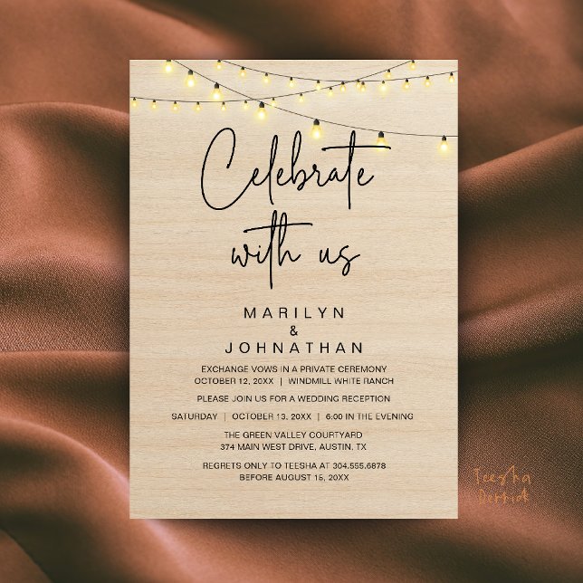 Invitation Élégantes Guirlandes Lumineuses Rustiques pour Réc (Rustic String Lights Wedding Reception Dinner Party Elegant Invitation Card in Brown Wood)
