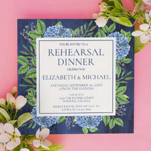 Invitation Élégantes hortensias bleus pour un dîner de répéti