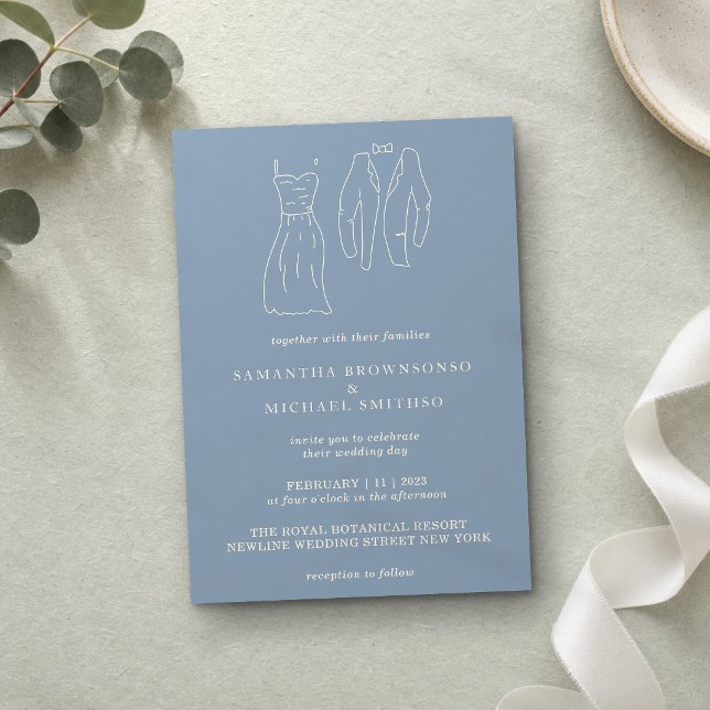 Invitation Élégantes Illustrations Beige et Bleu Dessinées à  (Créateur téléchargé)
