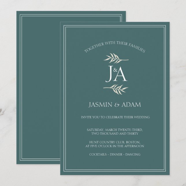 Invitation Élégantes Initiales Classiques de Mariage Vert Éme (Devant / Derrière)
