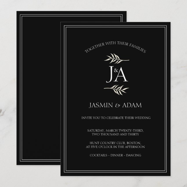 Invitation Élégantes Initiales Classiques Mariage Noir Blanc  (Devant / Derrière)