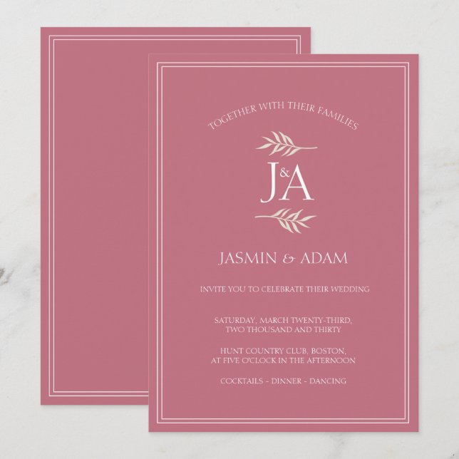 Invitation Élégantes Initiales Classiques Mariage Rose Magent (Devant / Derrière)
