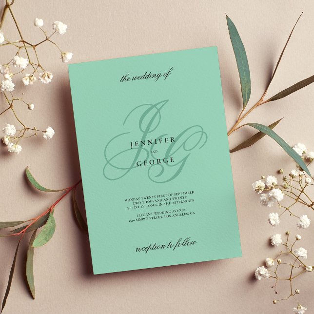 Invitation Élégantes initiales de monogramme à la menthe mari (Elegant mint monogram initials romantic wedding)