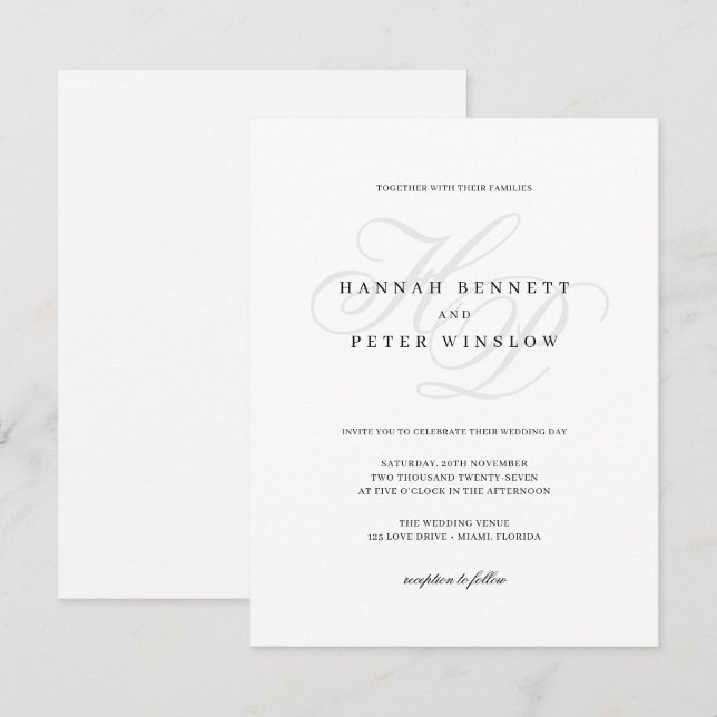 Invitation Élégantes Initiales de Monogramme de Mariage Blanc (Devant / Derrière)