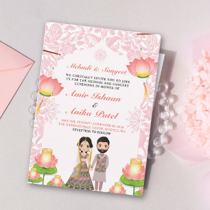 Invitation Élégantes Lanternes de Lotus Rose Mehndi Sangeet I