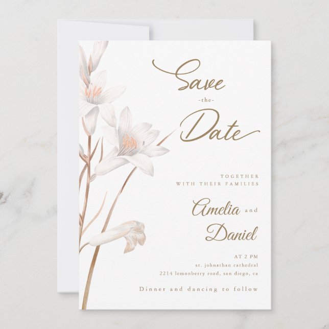 Invitation Élégantes lys blancs mariage Save the Date (Devant)