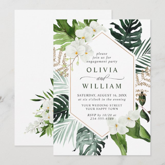 Invitation Élégantes Orchidées Blanches Fête de Fiançailles B (Devant / Derrière)